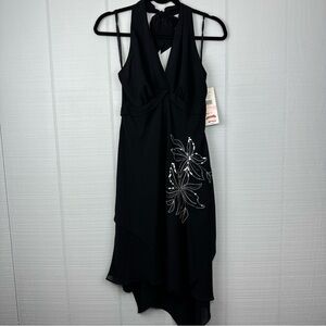 NWT Vintage S.L. Fashions Black Halter Midi Dress Layered Hem Sequin Floral